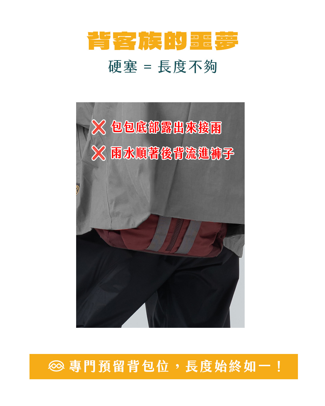 後背包雨衣長度不足導致滲雨示意圖