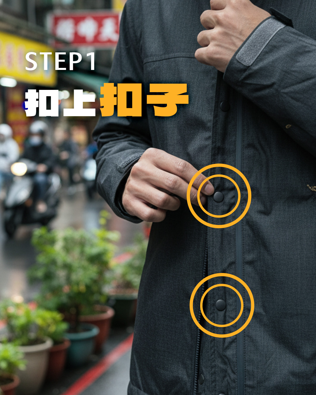 正確機車雨衣穿法：扣上釦子